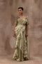 Metal green tissue drape sari with frills combined with blouse and waist belt